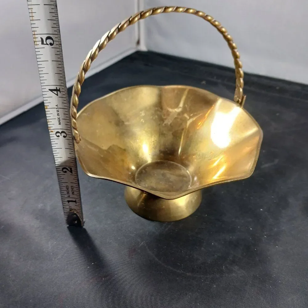 Vintage Small Solid Brass Basket with Handle